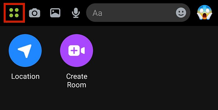 Menú Más opciones de Messenger que muestra el botón Ubicación y el botón Crear sala