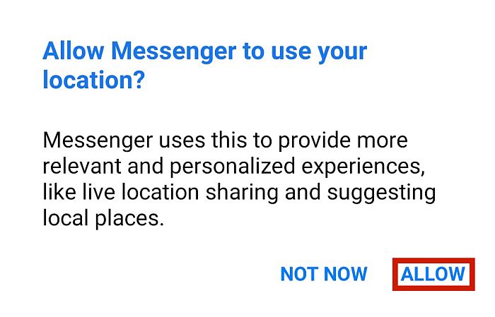 Cuadro de diálogo de confirmación de acceso a la ubicación de Messenger