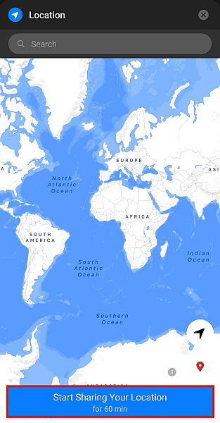 Panel de mapa de Messenger con botón para compartir ubicación