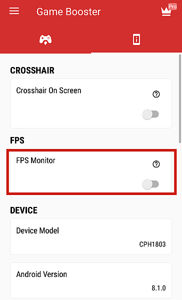 Gamebooster telefon opciók FPS monitorral kiemelve