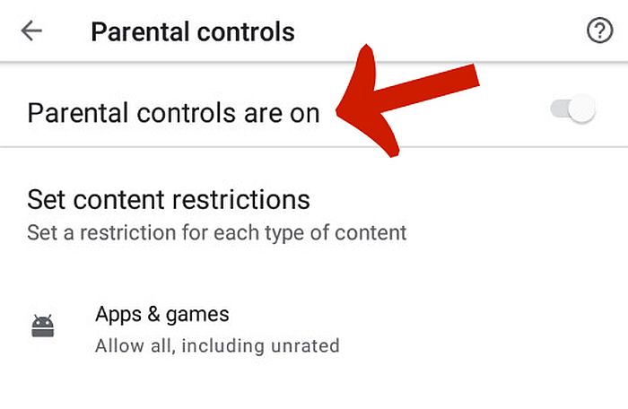 Le impostazioni del controllo genitori del Playstore con il controllo genitori sono sull