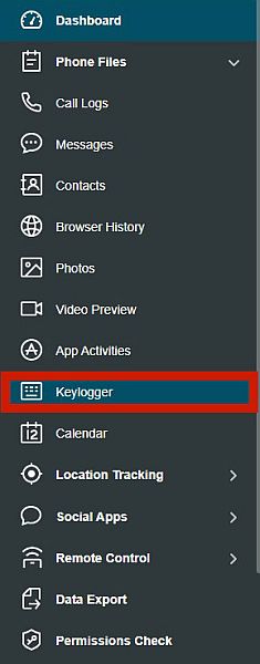 قائمة Kidsguardpro ​​مع تمييز خيار keylogger