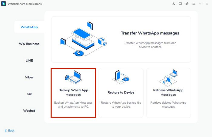 Pulpit nawigacyjny Mobiletrans WhatsApp z podświetloną opcją kopii zapasowych wiadomości WhatsApp