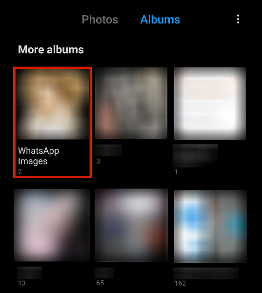 Android 上的照片庫，突出顯示 WhatsApp 圖像文件夾