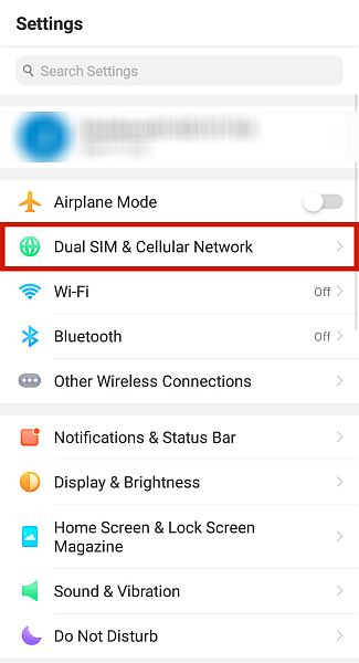 Configuración del teléfono Android con la opción dual sim y de red celular resaltada