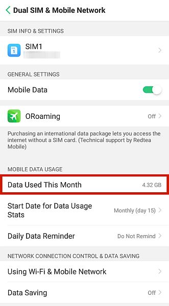Configuración de red móvil y SIM dual con la opción de datos utilizados este mes resaltada