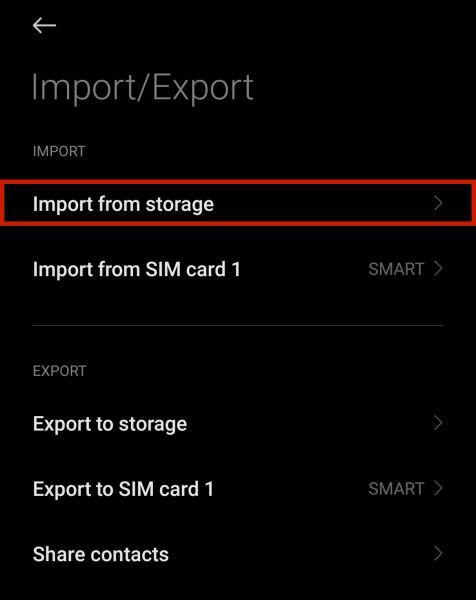 Import/eksport-alternativet i Android-kontakter-appen med alternativet for import fra lagring uthevet
