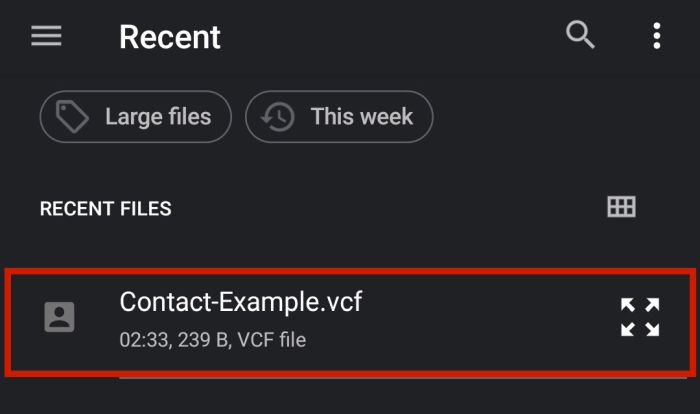 最近エクスポートされた.vcfファイルが強調表示されたAndroidの最近のファイル
