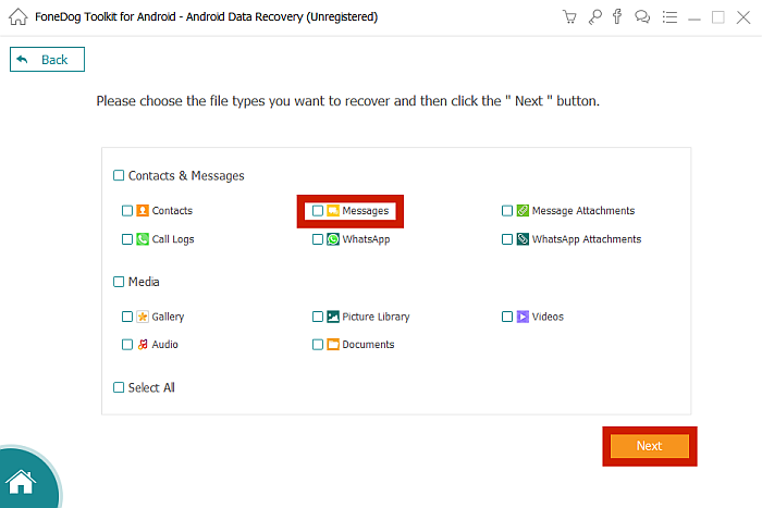 Selecting The File Type To Recover in FoneDog Toolkit Data Recovery Tab