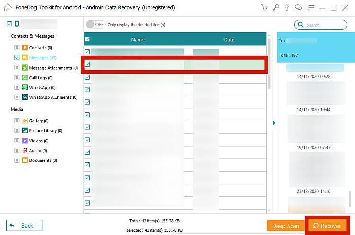 FoneDog Toolkit viser scannede meddelelser fra Android-enhed