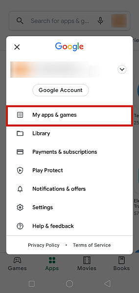 Google Play -valikko, jossa Omat sovellukset ja pelit -vaihtoehto korostettuna
