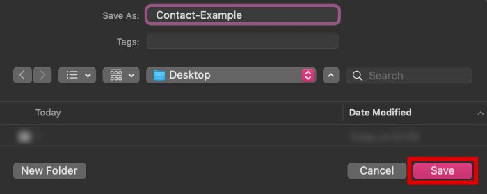 Экспорт списка контактов из iCloud на рабочий стол с выделенной кнопкой сохранения