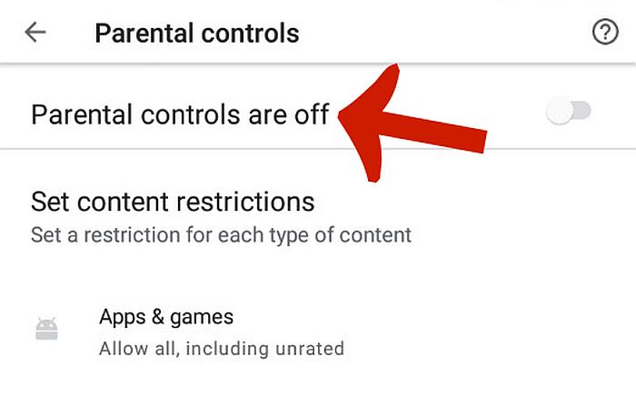 Le impostazioni del controllo genitori del Playstore con il controllo genitori sono sull