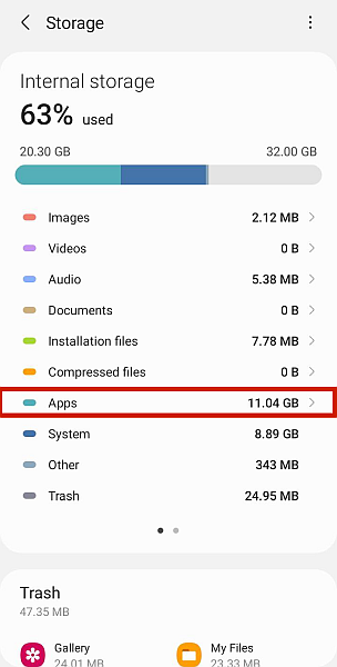 Gráfico de armazenamento interno do Android