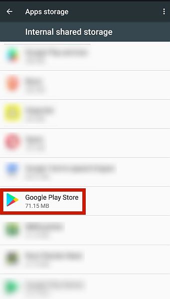 Nastavení úložiště aplikací pro Android se zvýrazněnou aplikací Obchod Google Play