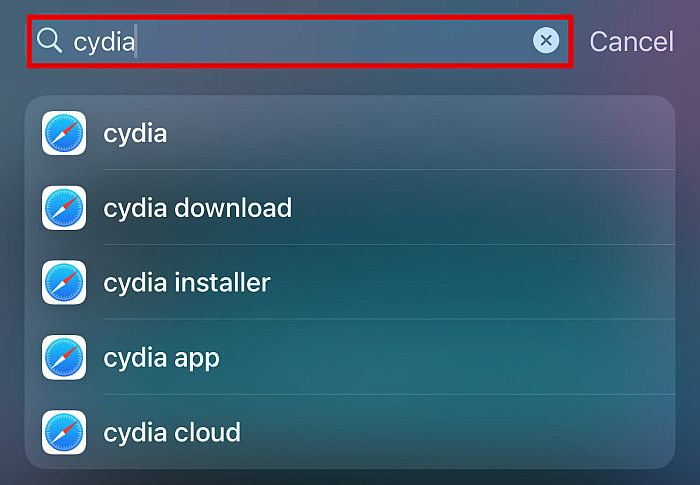 带有 cydia 搜索结果的 iPhone 搜索屏幕
