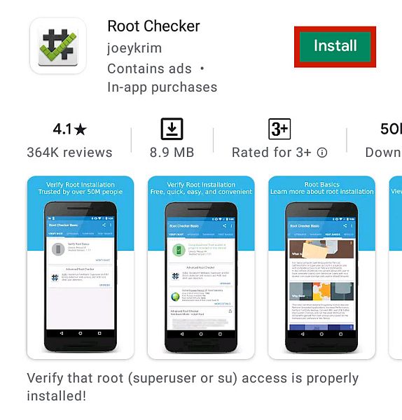 A Root Checker alkalmazás részletes oldala a Google Playen