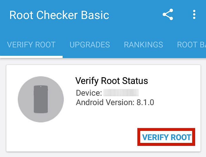 Root cheker ověřit kořenovou kartu se zvýrazněným tlačítkem ověřit kořen