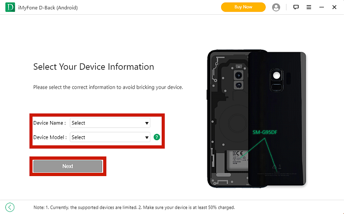 iMyFone D-Back App Dashboard Pagina di selezione delle informazioni sul dispositivo