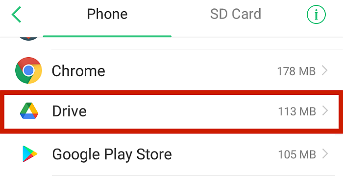 Nastavení úložiště telefonu Android Zvýrazněna možnost Disku Google