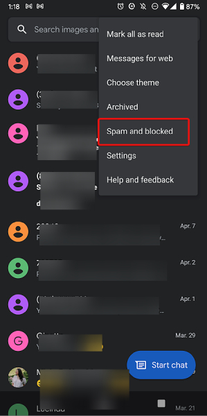 在 Android 的 Messages App 中选择“Spam & Blocked”选项