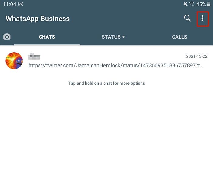Caixa de entrada comercial do Whatsapp com o ícone de kebab destacado