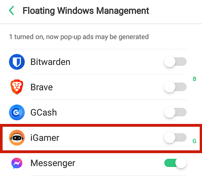 Configuración de administración de Windows flotante de Android con iGamer resaltado