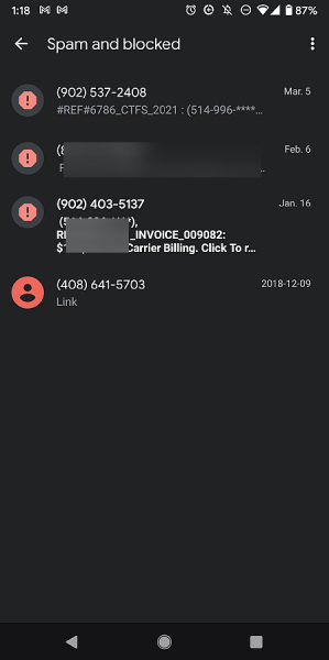 Папка «Спам и заблокировано» в приложении Android Messages