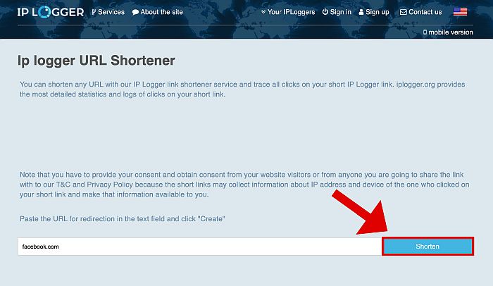 IP Logger URL Shortener-side med uthevet Shorten-knapp