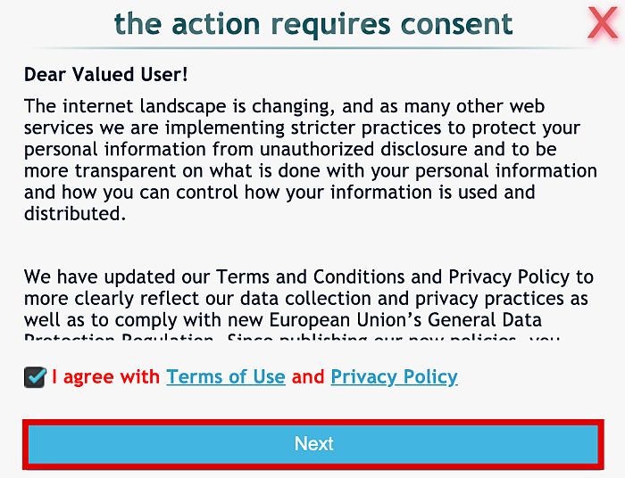 Formulario de consentimiento para acortar URL de registrador de IP