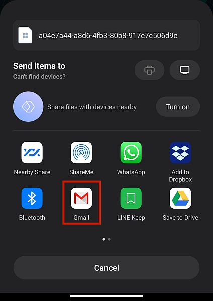 Нажмите «Gmail», чтобы отправить файл на адрес электронной почты.
