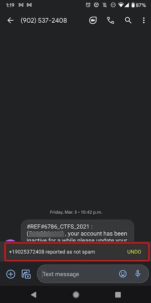 Ilmoitus, jossa kerrotaan, että viesti ei ole roskapostiksi Android Messages -sovelluksessa
