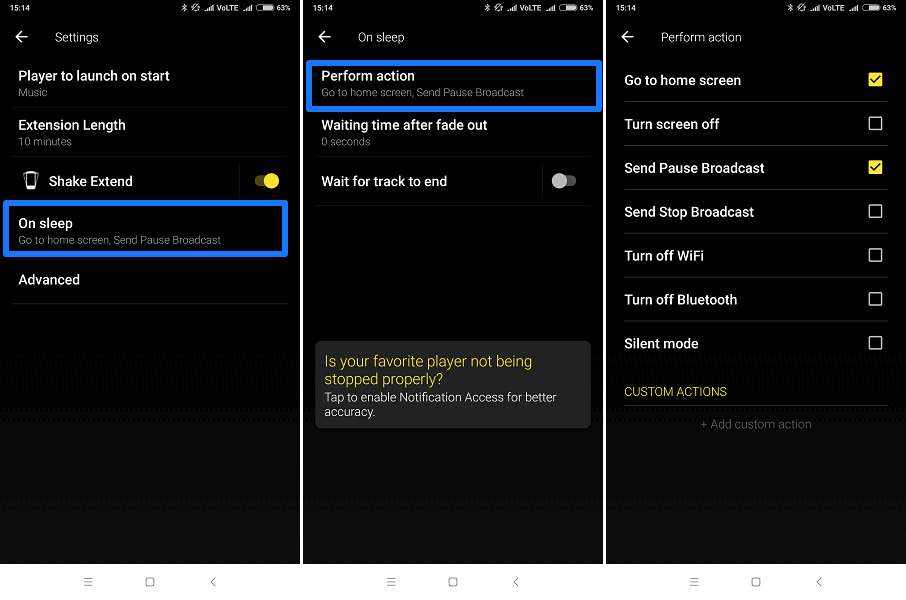 Uykuda gerçekleştirilecek eylemler - Android için uyku zamanlayıcısı uygulaması