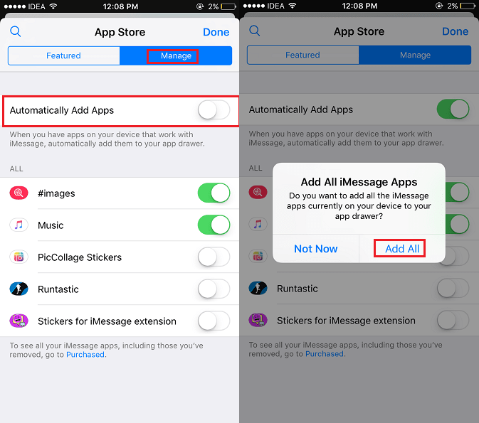 Legg til installerte apper automatisk i meldinger på iPhone