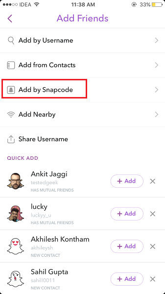 SnapchatでSnapcodeで友達を追加する