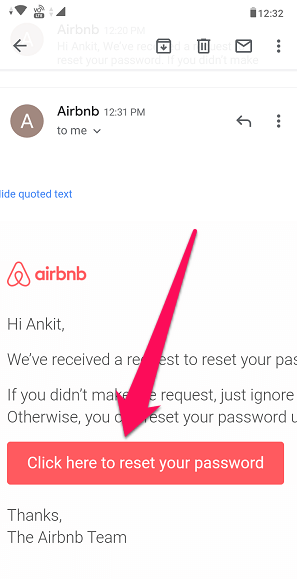Airbnb-lenke for tilbakestilling av e-post