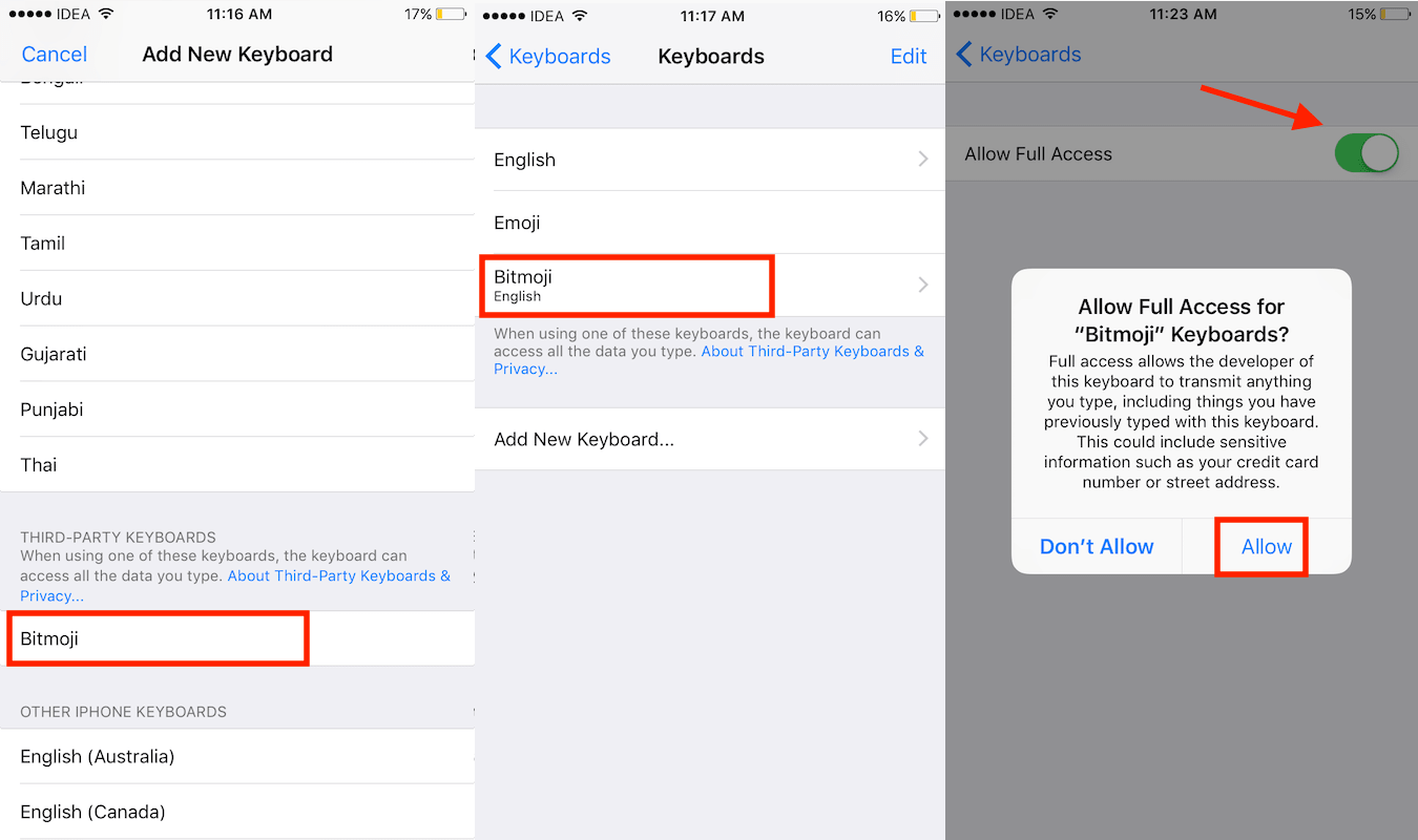 السماح للوحة مفاتيح Bitmoji بالوصول إلى iOS