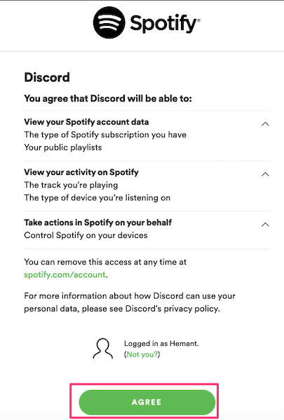 允许 Discord 访问 Spotify 帐户