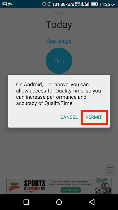 QualityTime 앱에 대한 사용 액세스 허용