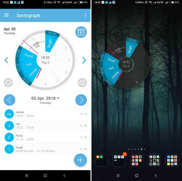 Widgets da tela inicial do Android - Relógio de calendário seccional