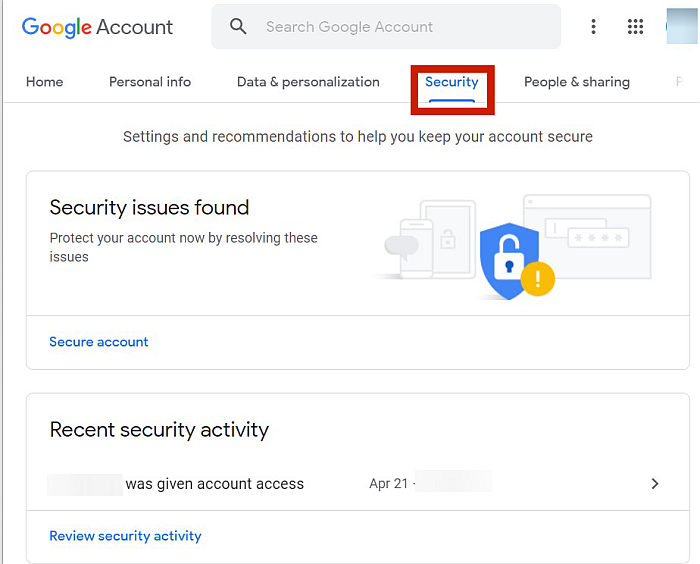 Onglet Sécurité du compte Google