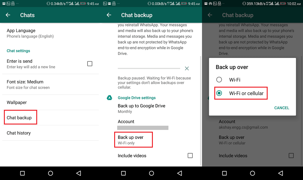 在 Android 上使用蜂窩數據備份 WhatsApp