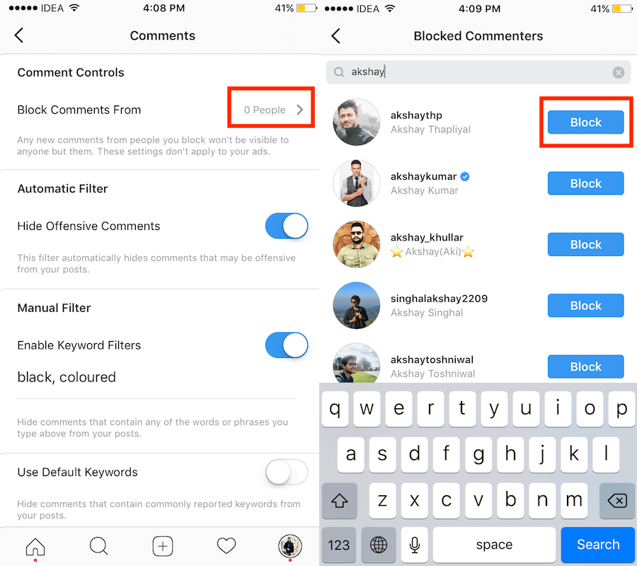 Bloker kommentarer fra bestemte personer på Instagram