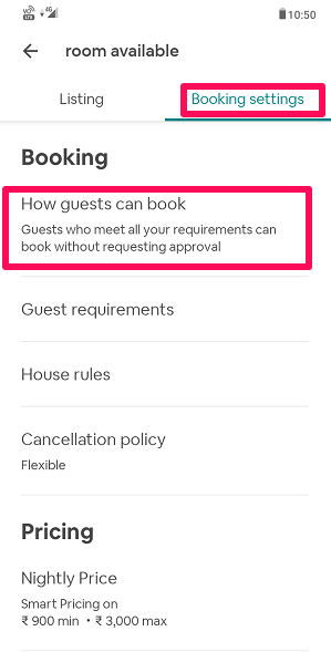 Booking settings on app