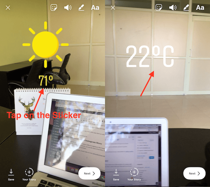 Endre temperatur fra Fahrenheit til Celsius på Instagram