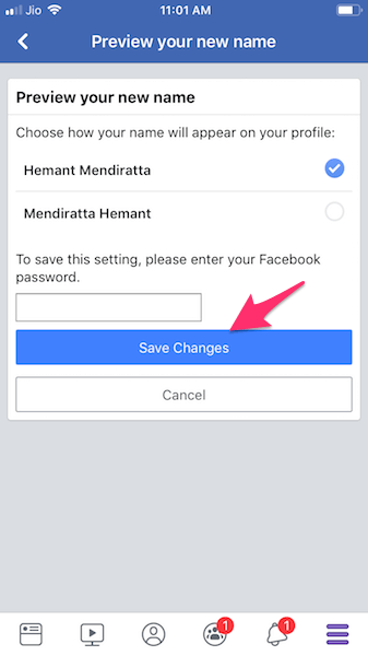 Confirmer le changement de nom Facebook