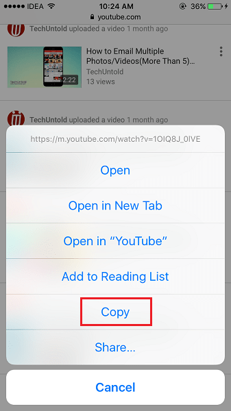 YouTube video bağlantısını web sitesinden kopyalayın