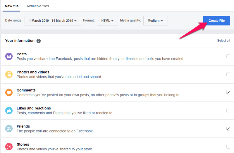 Baixar arquivo - dados do perfil do Facebook
