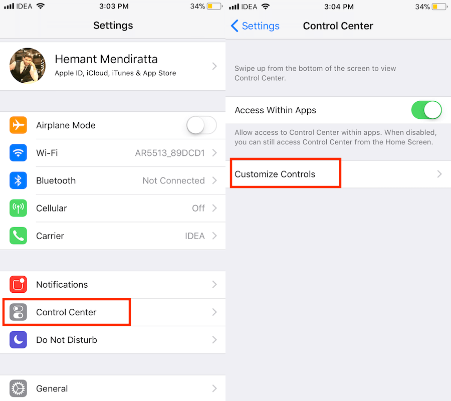 제어 센터 iOS 11 사용자 지정