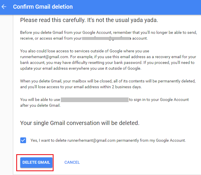 刪除 Gmail 帳戶 確認